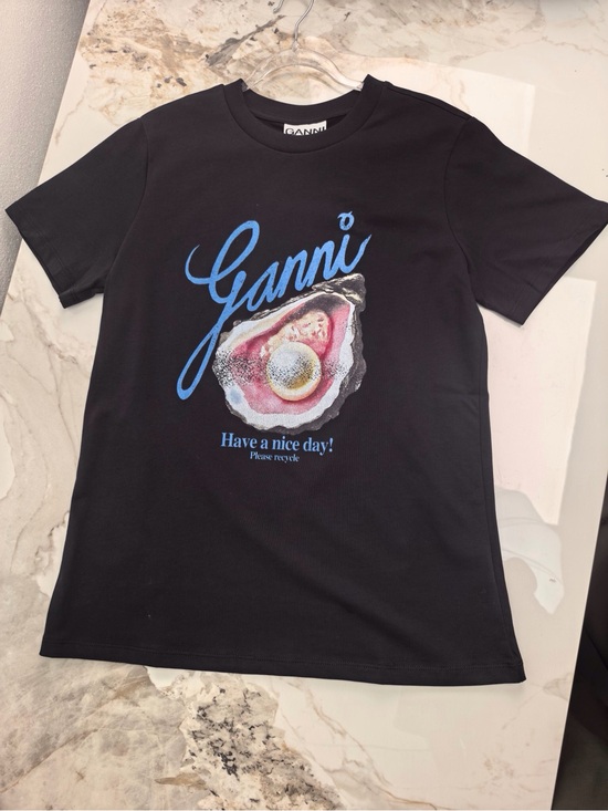 Ganni Tops - Ganni Black Tee with Blue Script and Multicolor Oyster Graphic